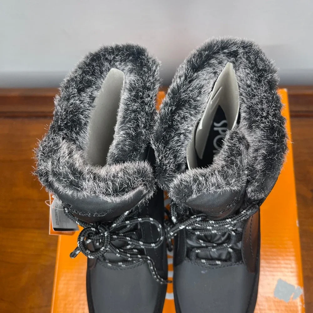 Sporto Lilian Womens Black Lace Up Ankle Boots Faux‎ Fur Trim Size 7M New In Box
